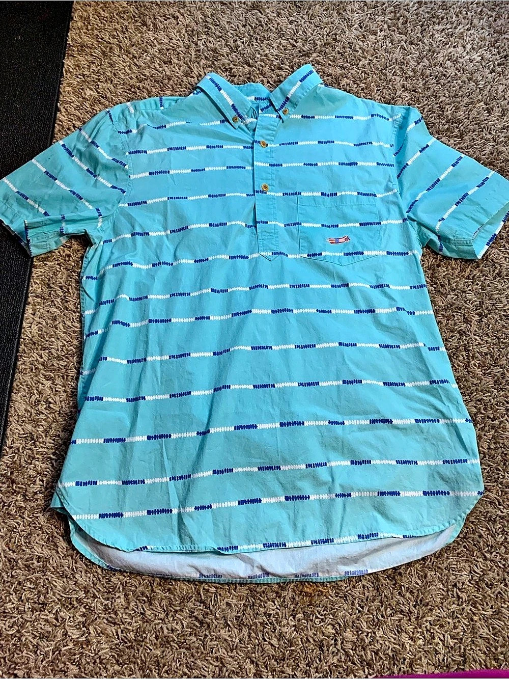 CHUBBIES Men's Large Turquoise Blue Stripe Sunbather Popover Polo Shirt